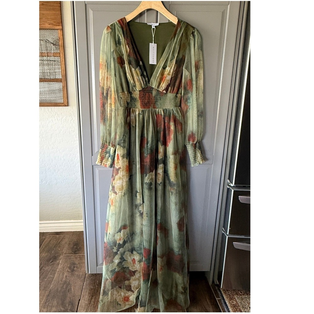Baltic Born Layla Tulle Maxi Dress Women M Olive Rust NWT Floral Smocked V-Neck